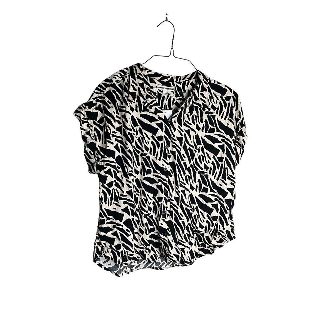 Alexander Jordan Button-Up Blouse Short Sleeve Black Tan Giraffe Womens Large